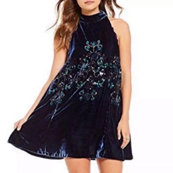 NWT Free People Jill's Navy Blue Genuine Velvet Sequin Dress - Picture 7 of 11